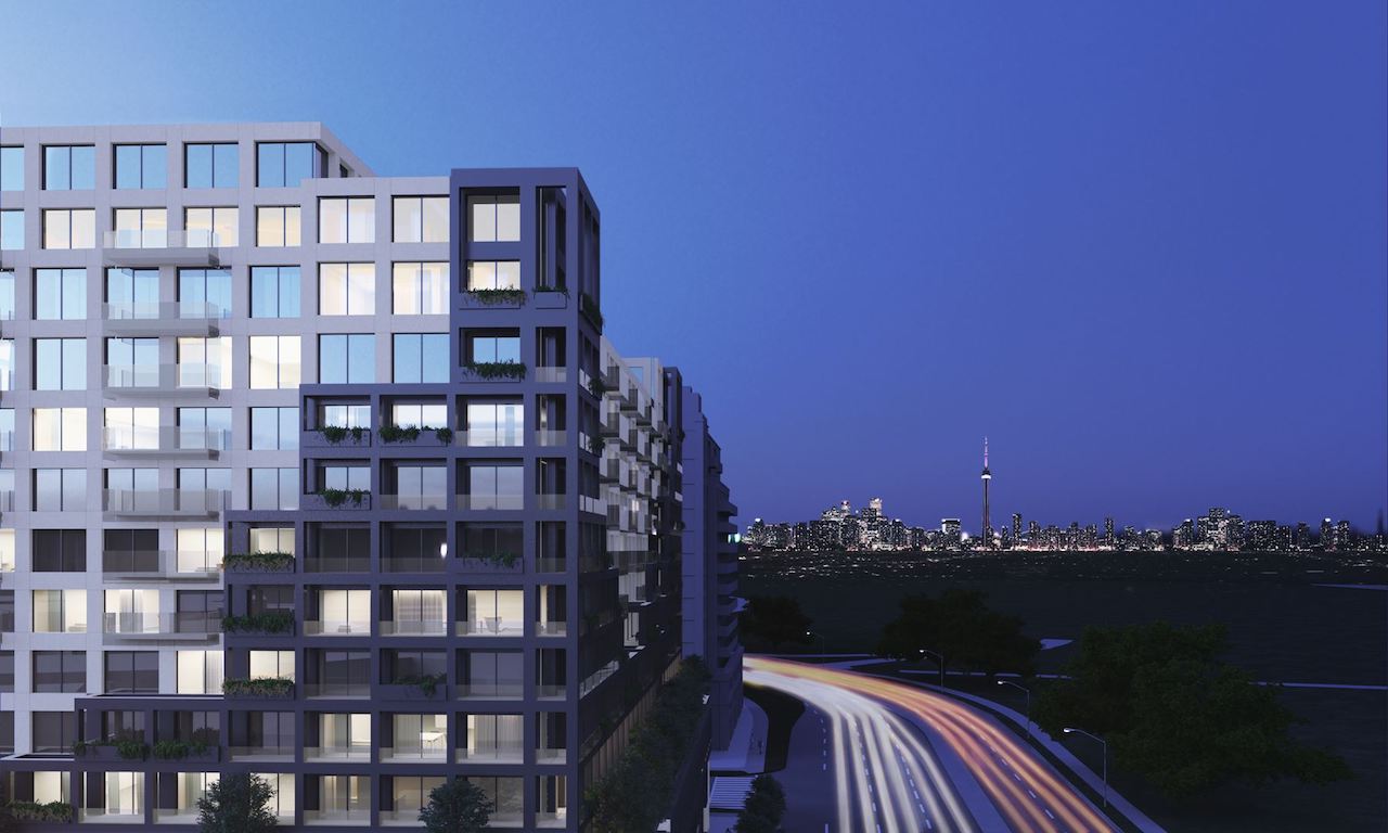 Rendering of Westline Condos exterior at night
