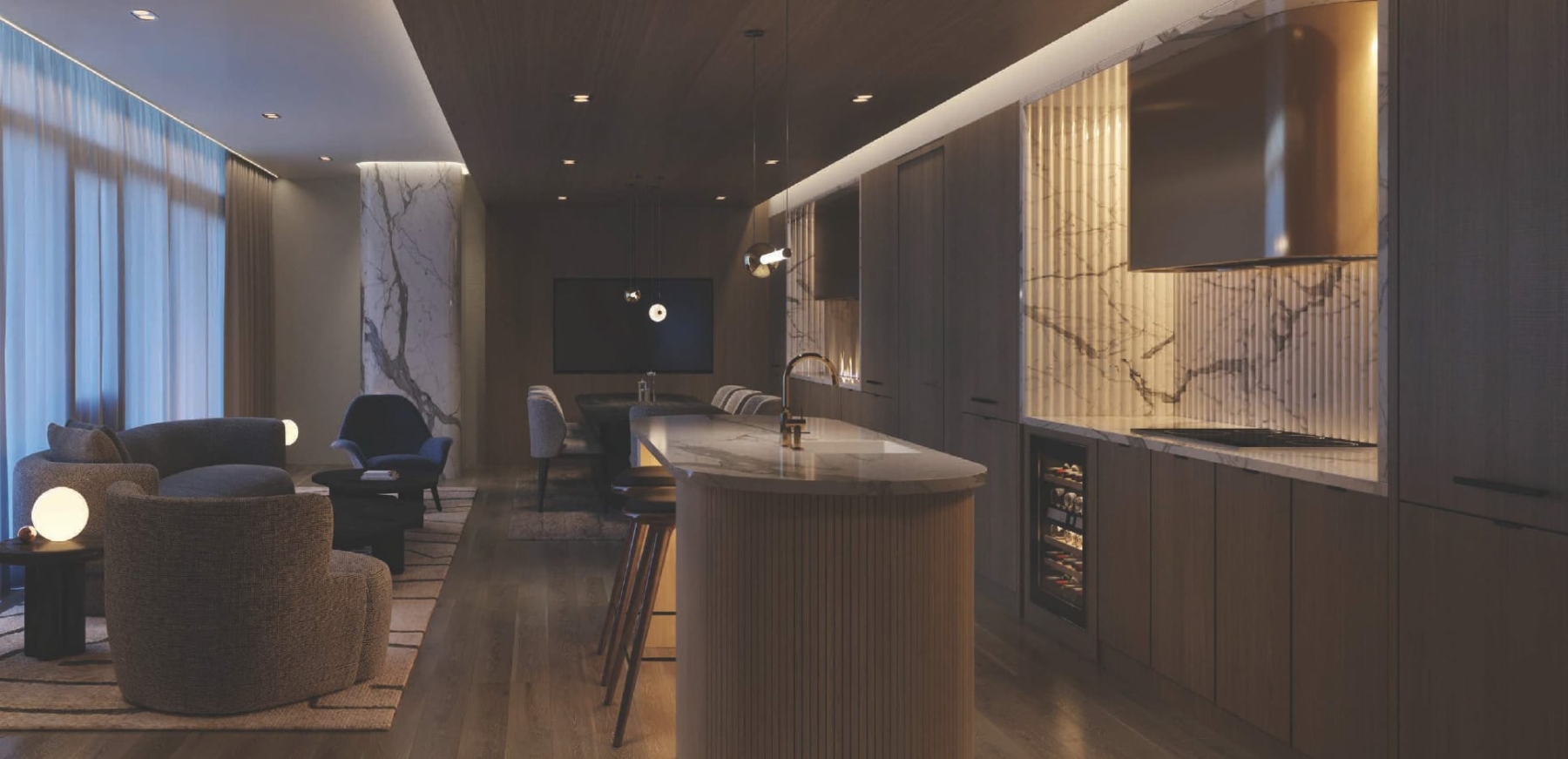 Rendering of Cielo Condos interior party room night