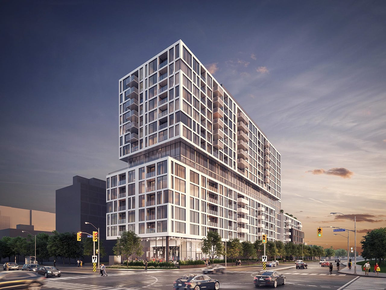 Rendering of 3431 St Clair Ave Condos exterior at night