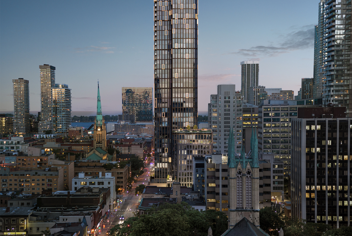 Alias Condos exterior at night full 45-storeys tall