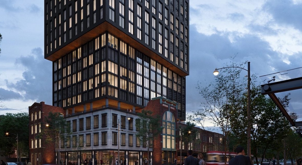 Rendering of Queen Central Condos exterior at night
