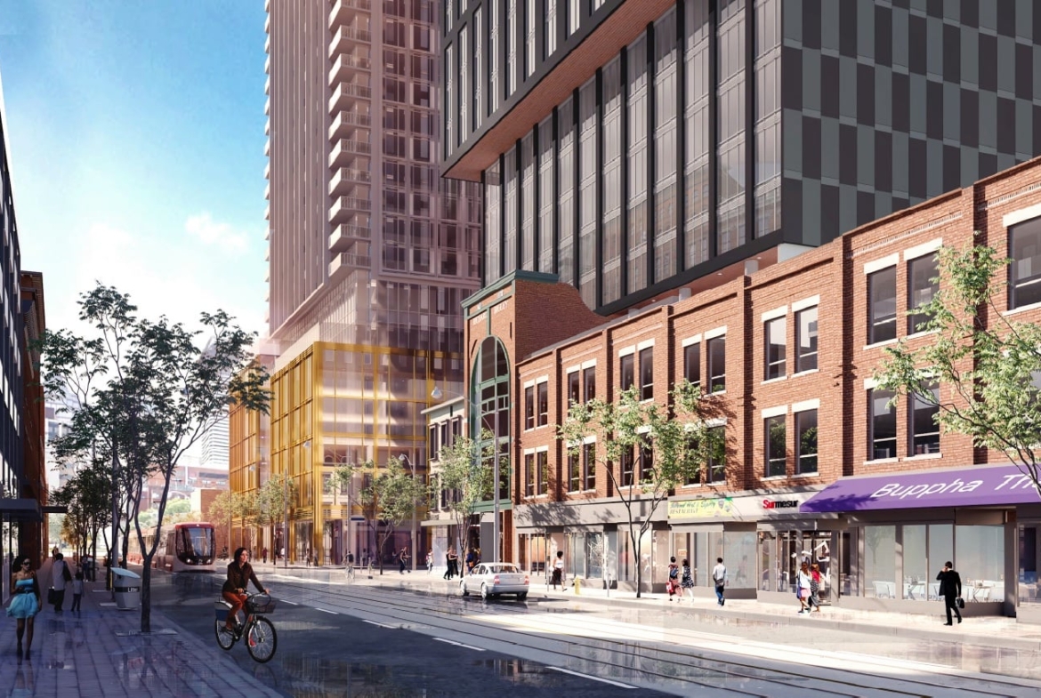 Rendering of Queen Central Condos exterior during the day