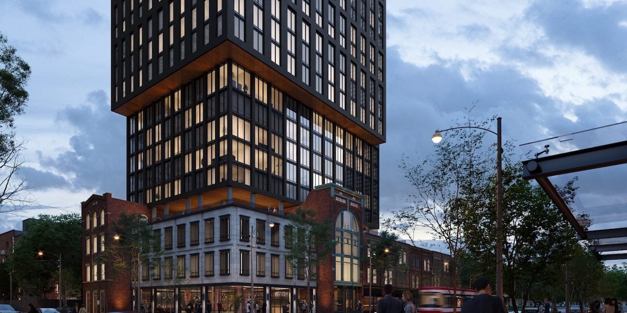 Rendering of Queen Central Condos exterior at night