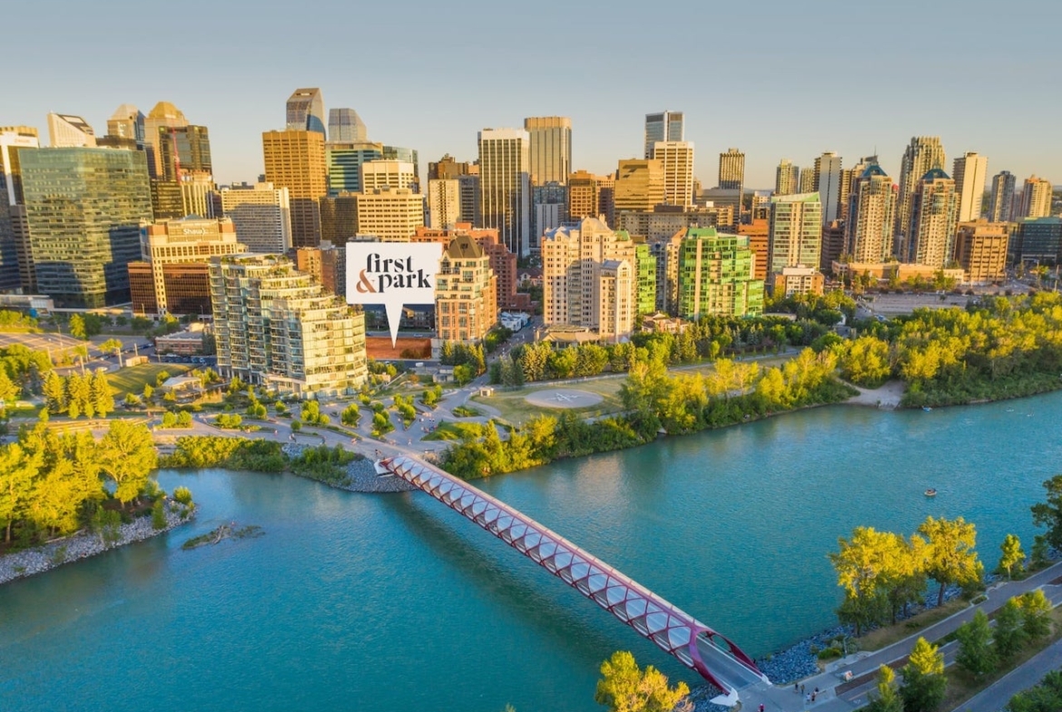 Aerial of First & Park Condos location in Calgary by Eau Claire Park