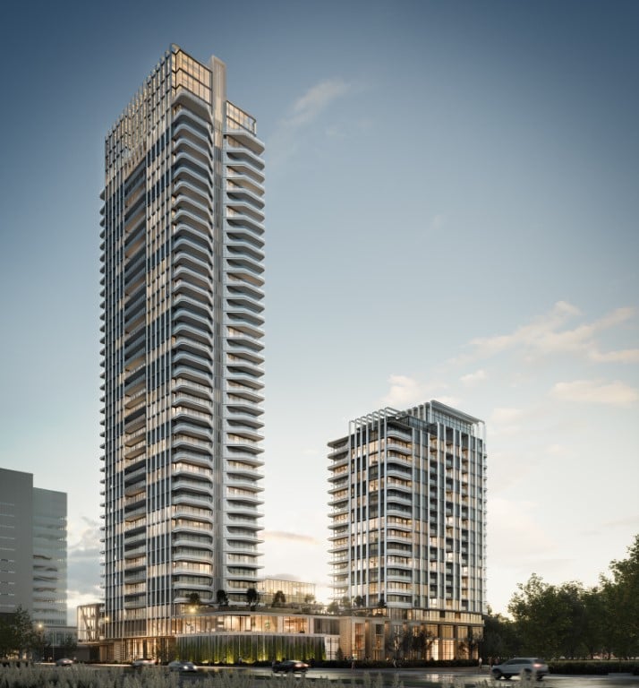 Rendering of Artwalk Condos exterior 2 towers in the evening