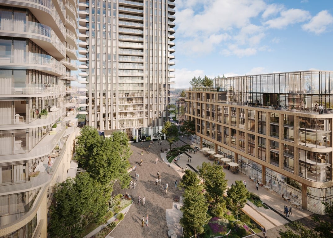 Rendering of Artwalk Condos exterior aerial courtyard