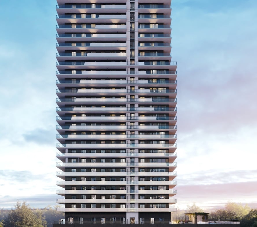 Rendering of BeauSoleil Condos full exterior view at dusk