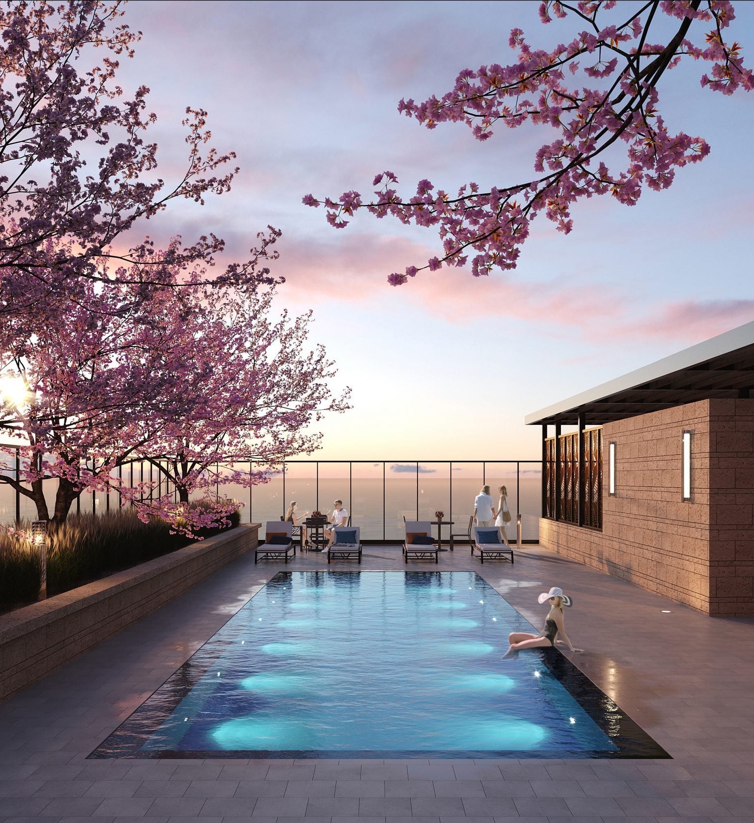 Rendering of BeauSoleil Condos outdoor swimming pool in spring at dusk