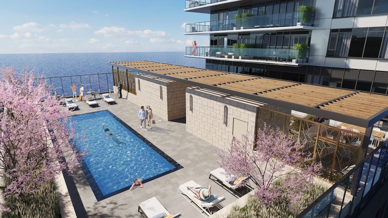 Rendering of BeauSoleil Condos aerial of terrace with outdoor swimming pool