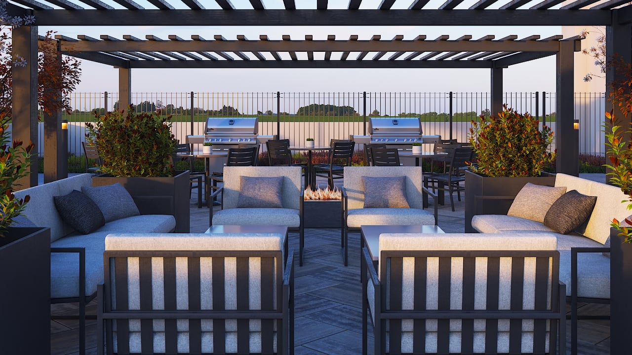 Rendering of FourMe Condos 7th floor terrace with covered seating
