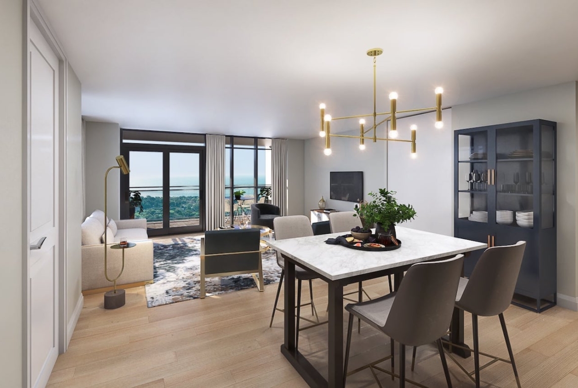 Rendering of FourMe Condos kitchen and dining suite interior