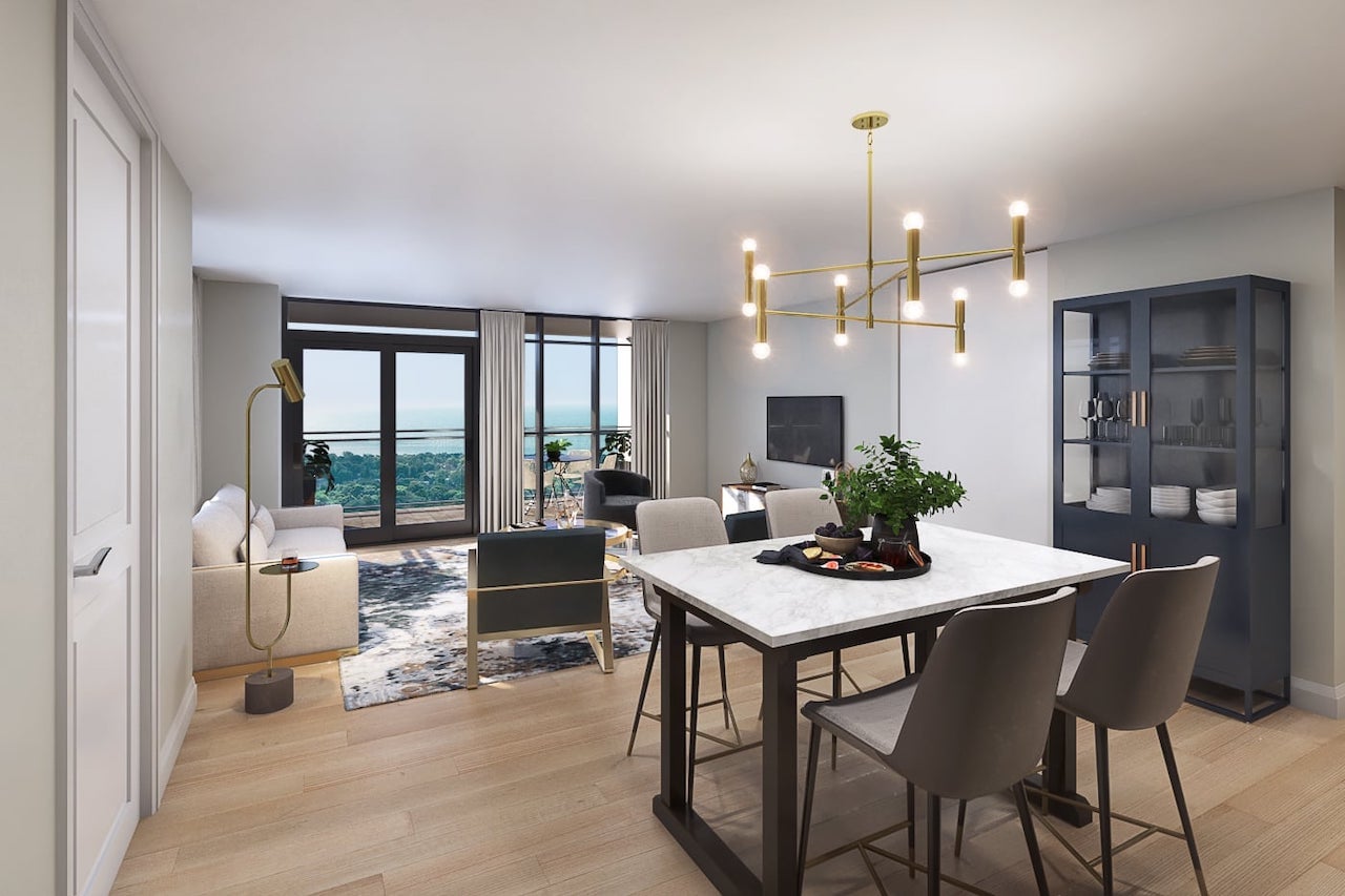 Rendering of FourMe Condos kitchen and dining suite interior
