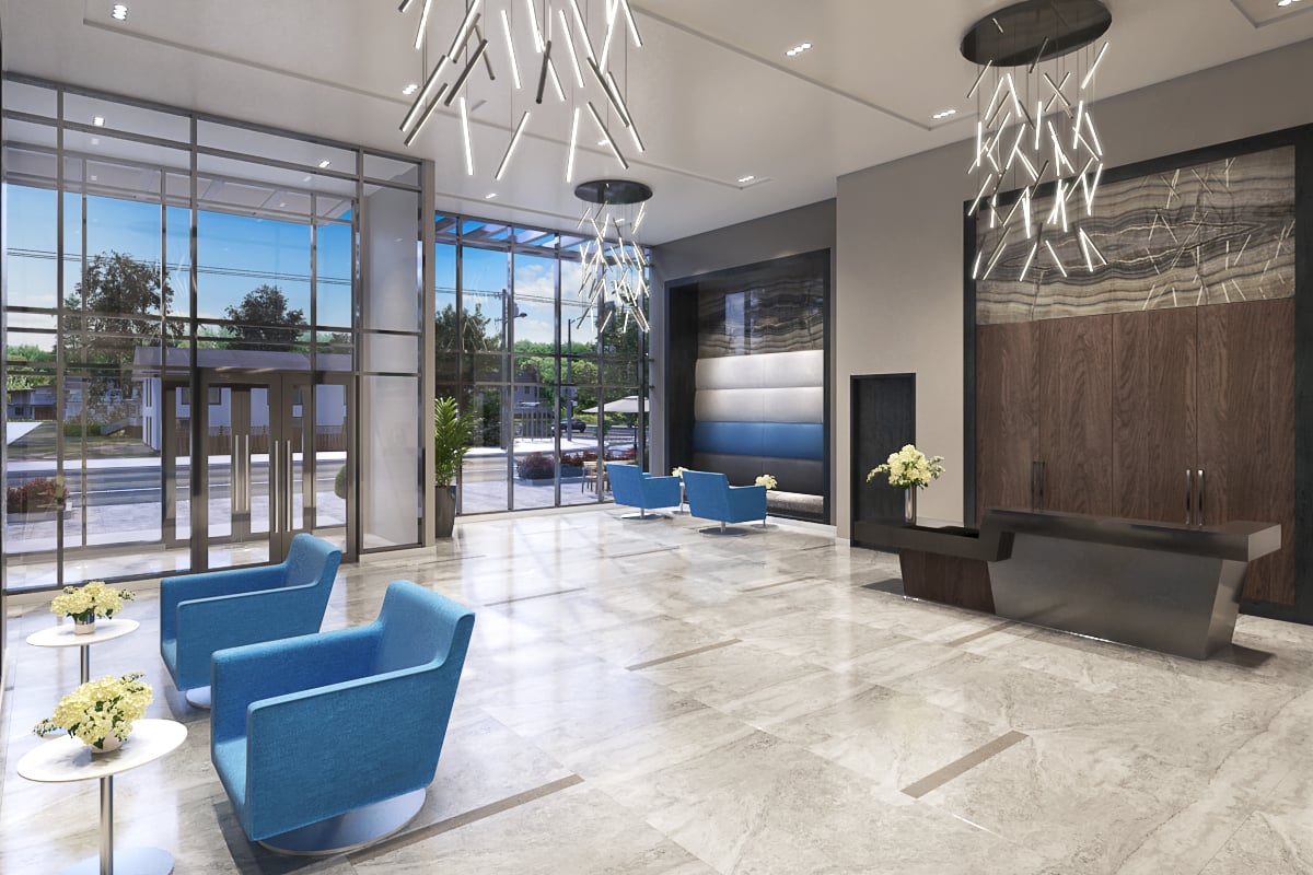 Rendering of FourMe Condos lobby with seating