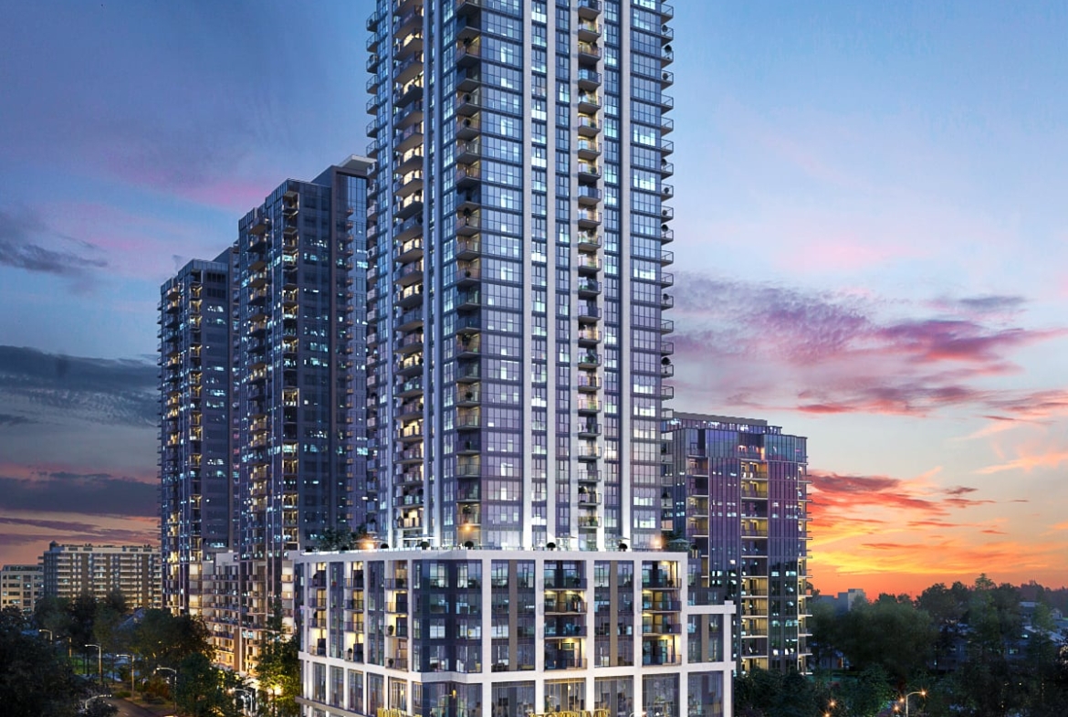 Rendering of FourMe Condos exterior full view at night