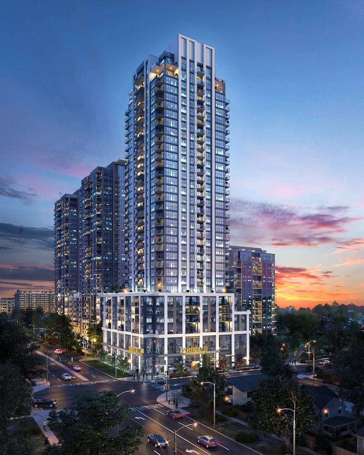 Rendering of FourMe Condos exterior full view at night