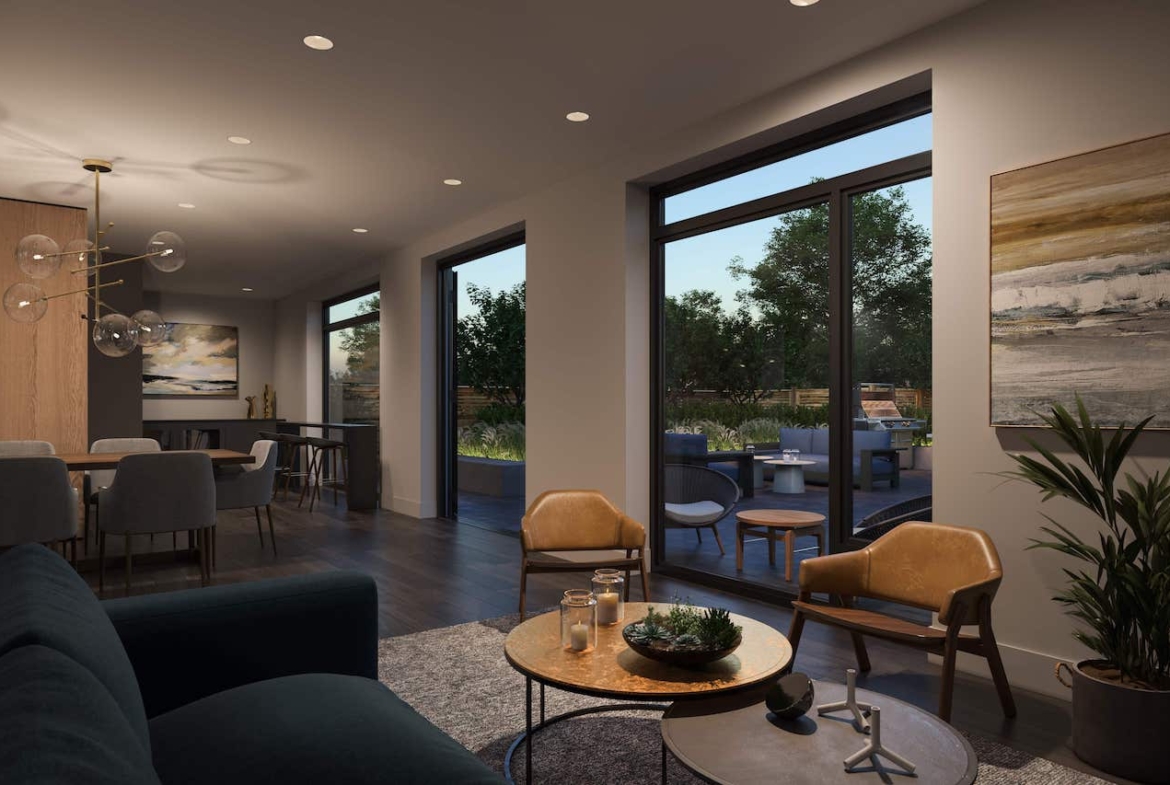 Rendering of MV1 Condos party room at night