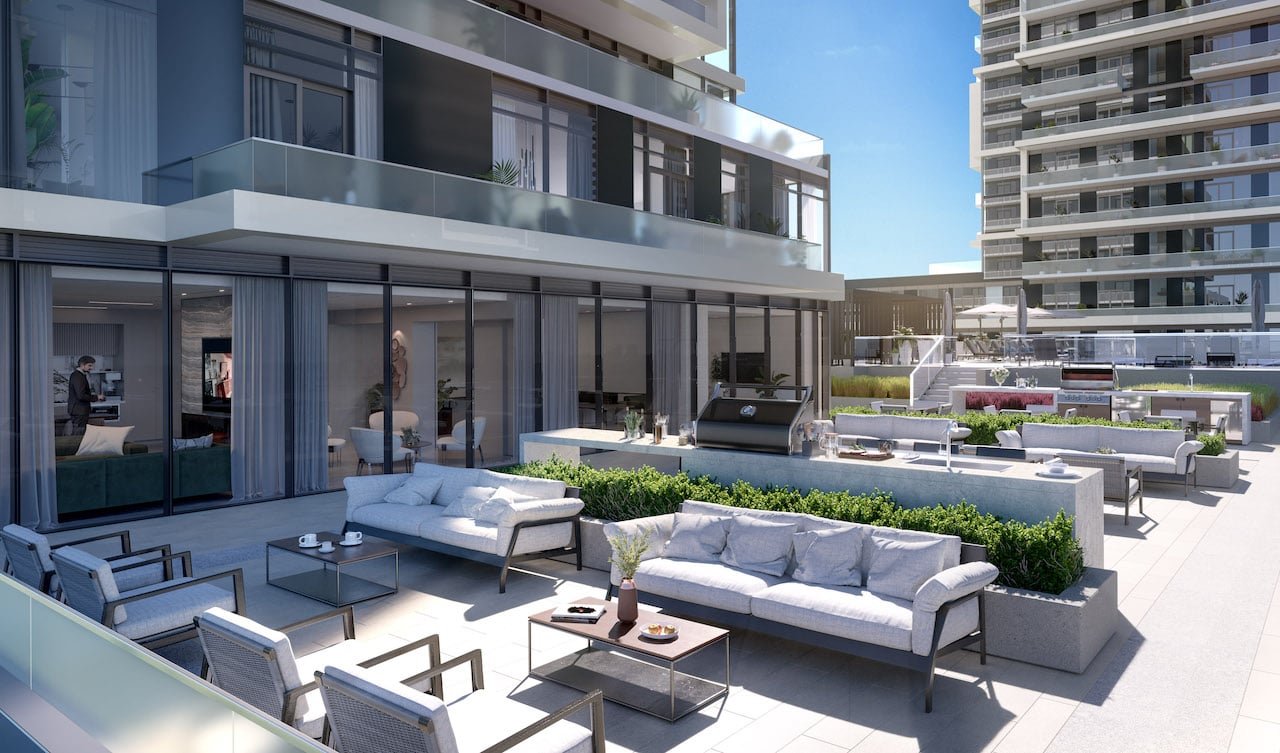 Rendering of M2M Squared Condos bbq lounge