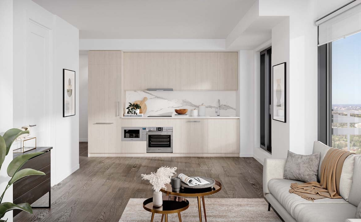 Rendering of M2M Squared Condos suite interior kitchen