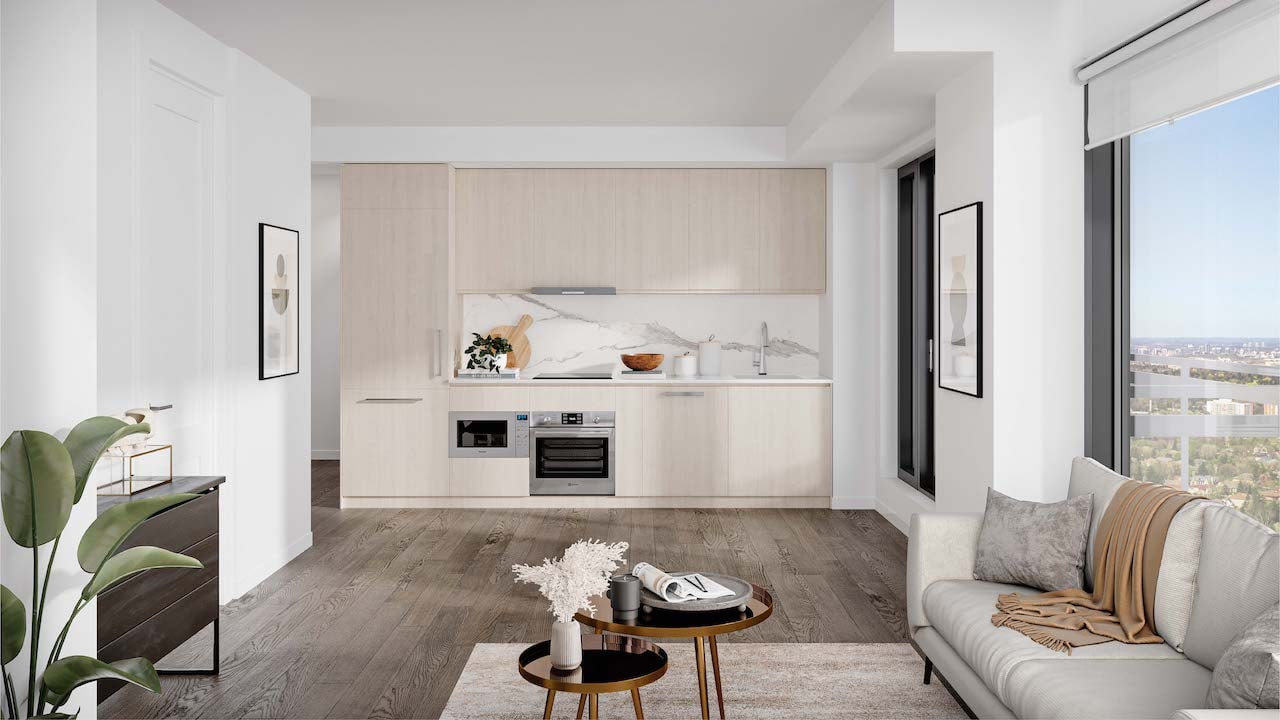 Rendering of M2M Squared Condos suite interior kitchen