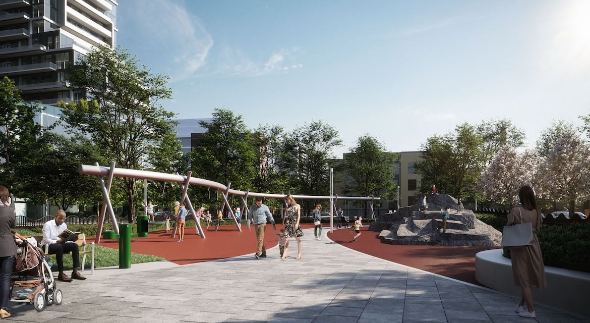 Rendering of M2M Squared Condos public park with walking paths