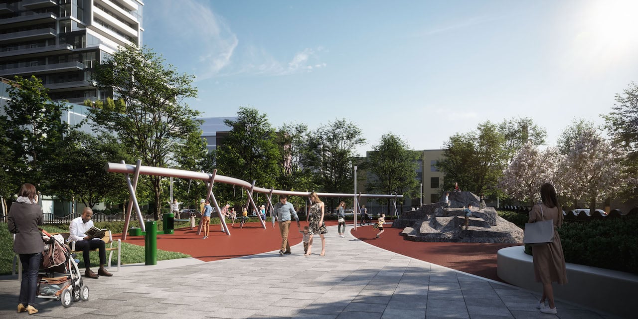 Rendering of M2M Squared Condos public park with walking paths