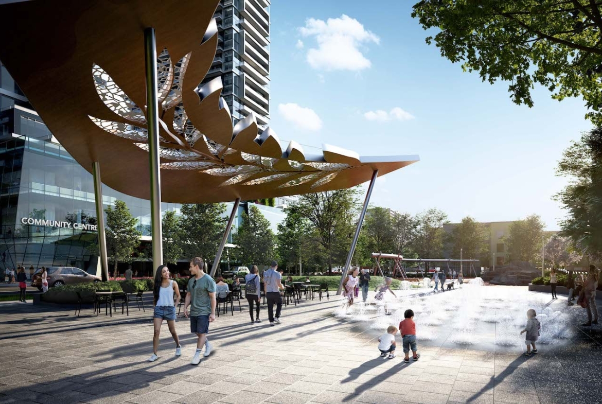 Rendering of M2M Squared Condos park with shaded area