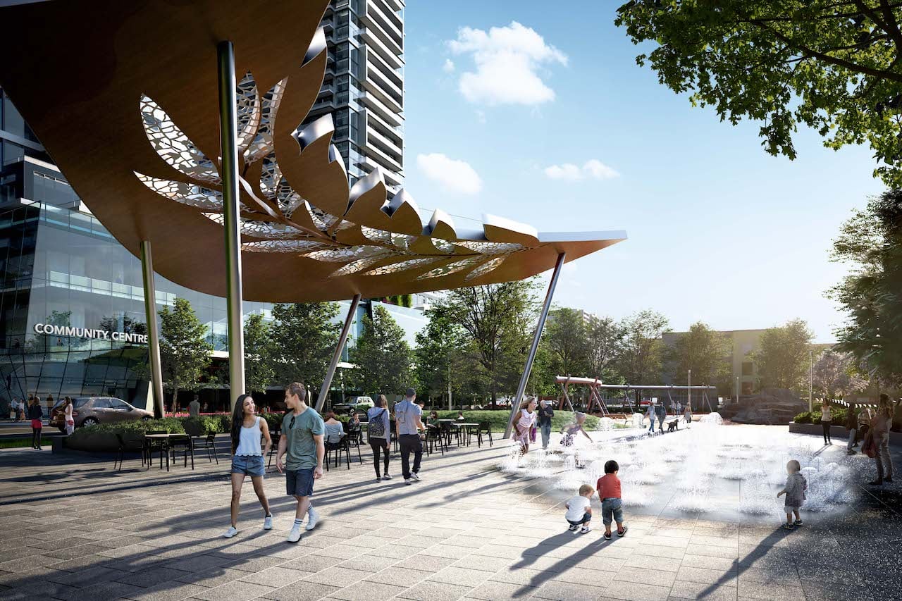 Rendering of M2M Squared Condos park with shaded area