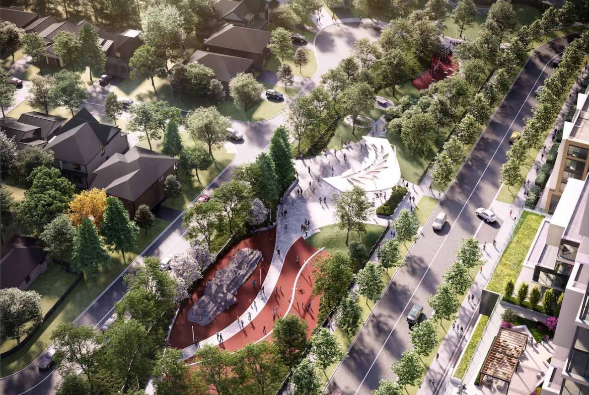 Rendering of M2M Squared Condos park aerial