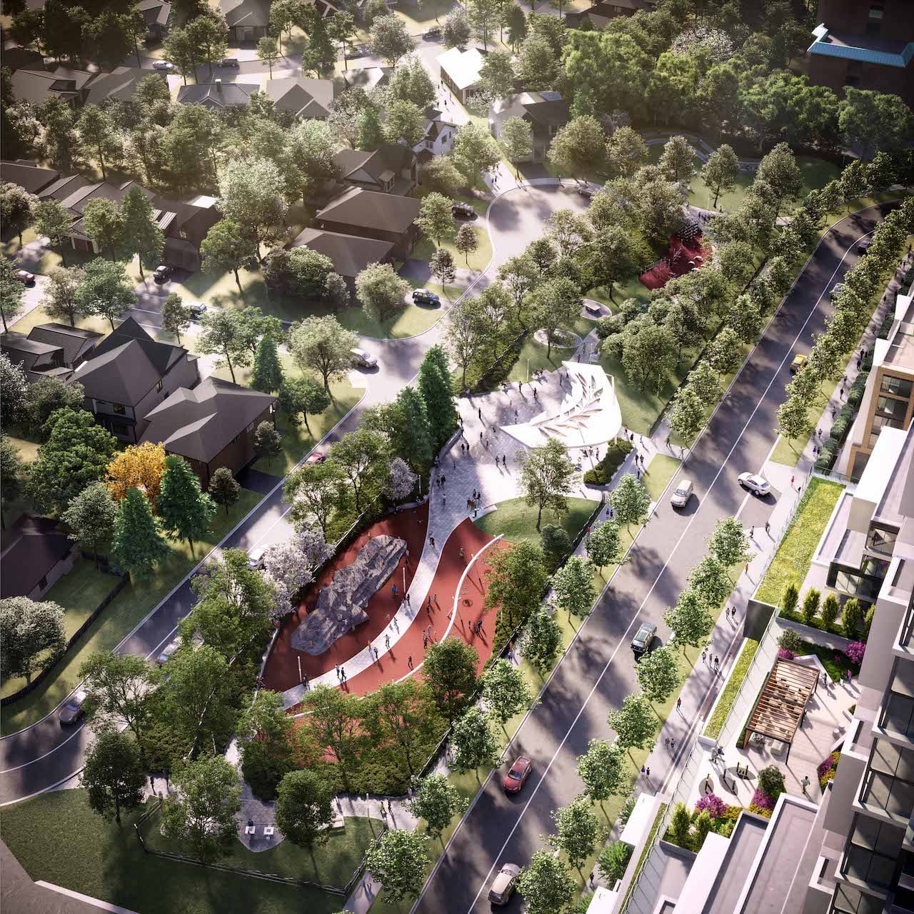 Rendering of M2M Squared Condos park aerial