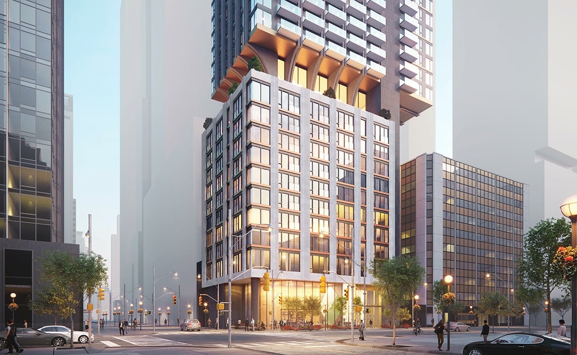Rendering of 1255 Bay Condos exterior bottom half with street-view