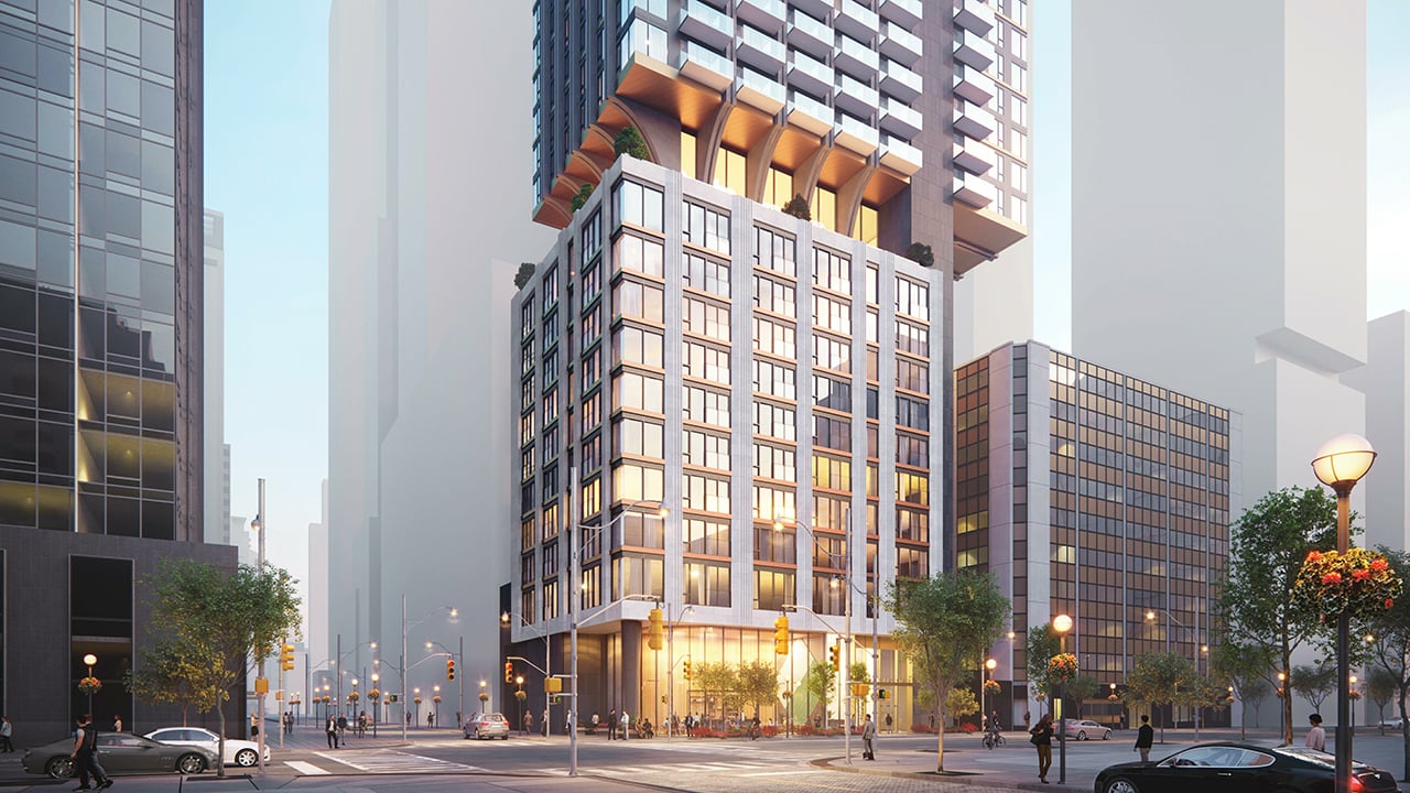Rendering of 1255 Bay Condos exterior bottom half with street-view
