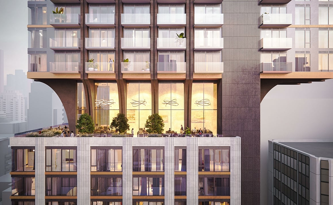 Rendering of 1255 Bay Condos exterior siding with terraces