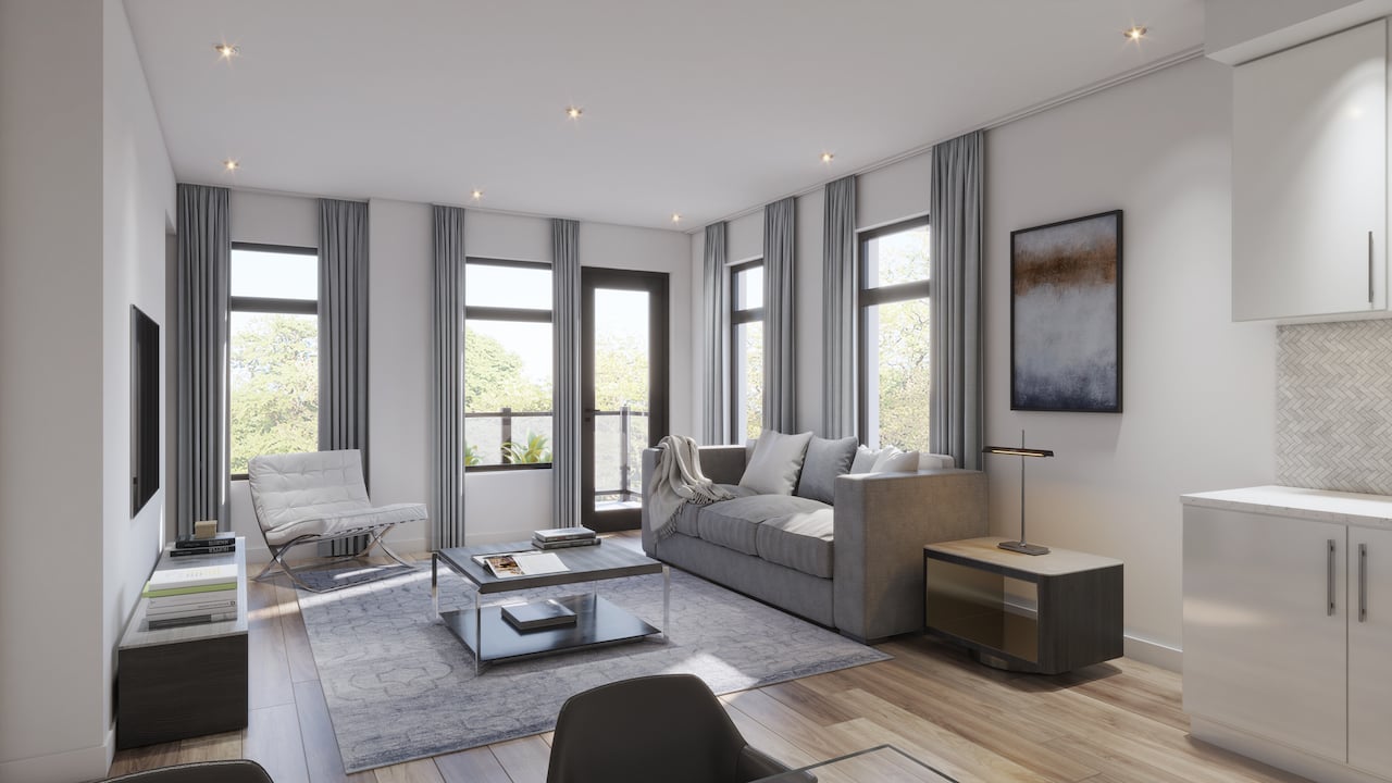Rendering of Central District Towns suite interior living room