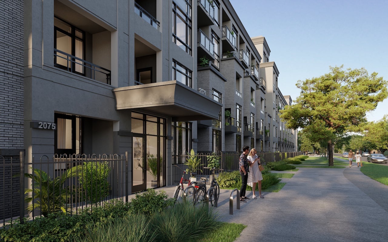Rendering of King Terraces exterior condo entrance with bicycle parking