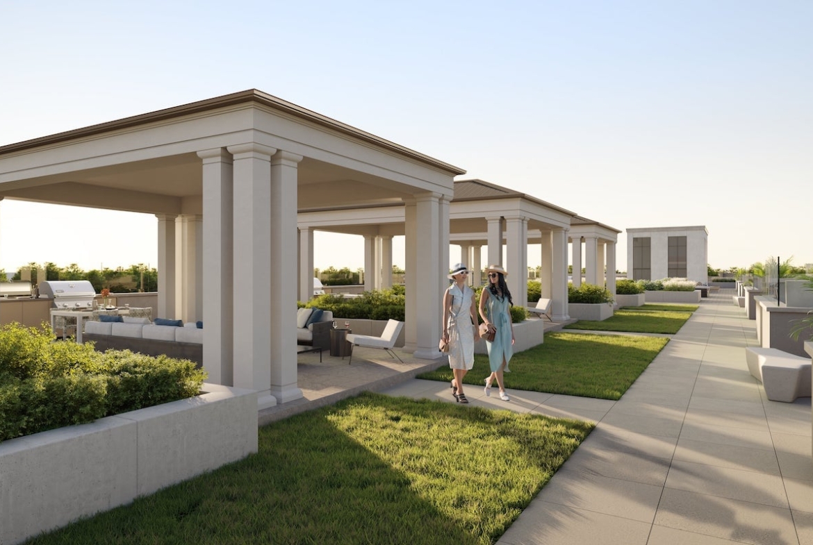 Rendering of King Terraces rooftop covered seating with BBQs