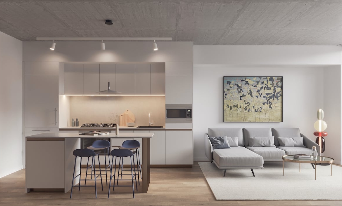 Rendering of Leaside Common suite living room interior