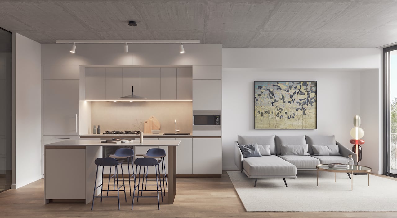 Rendering of Leaside Common suite living room interior