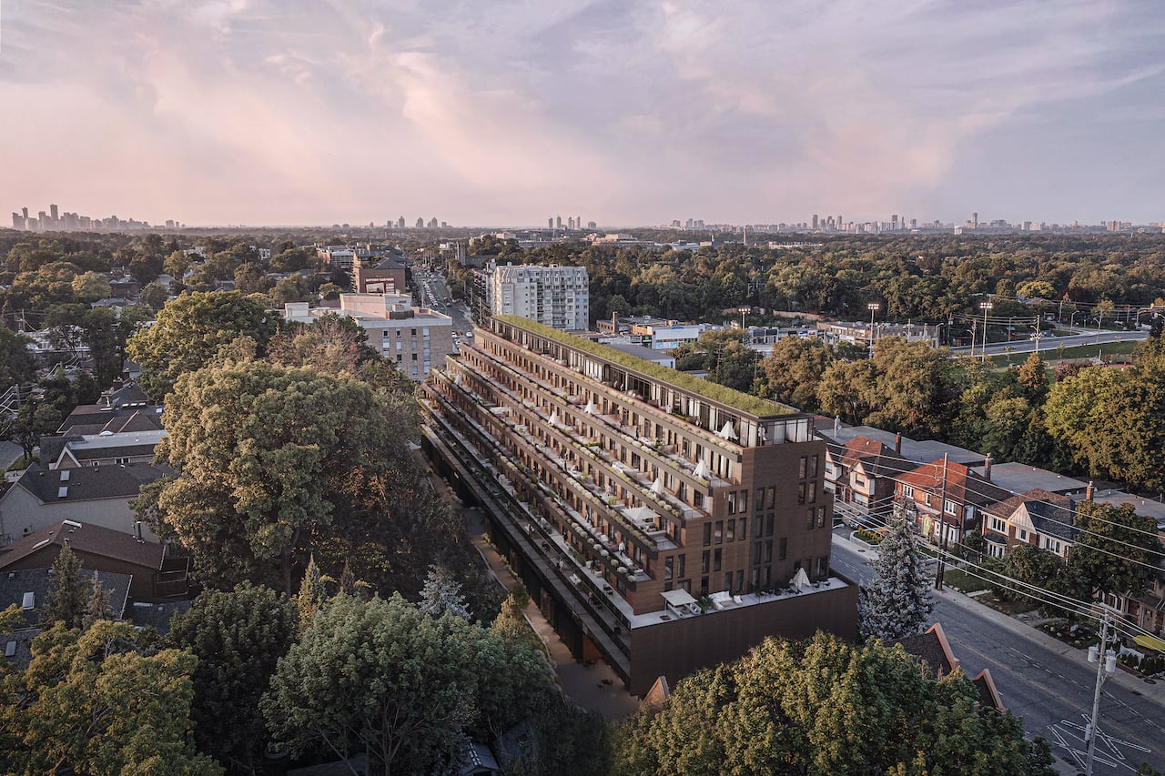 Rendering of Leaside Common rear terraces aerial