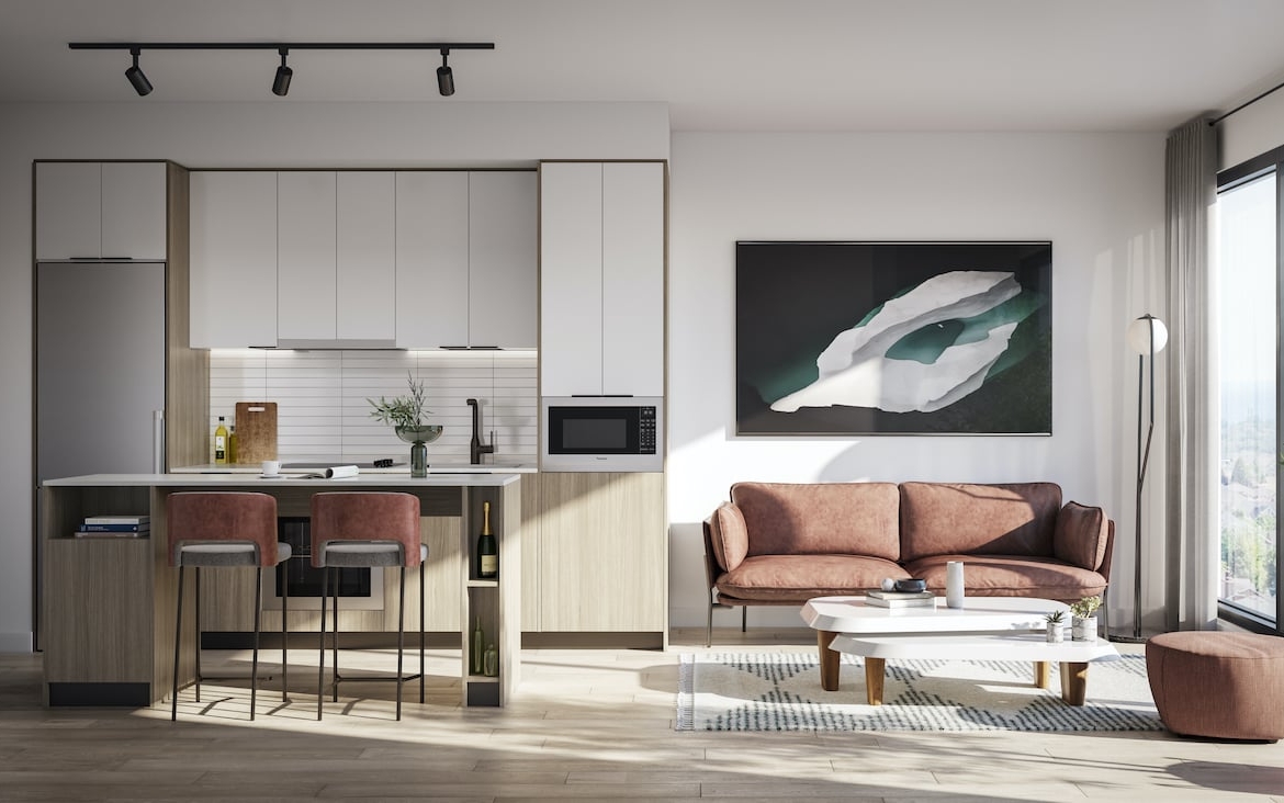 Rendering of Verge 2 condos suite interior with standard finishes