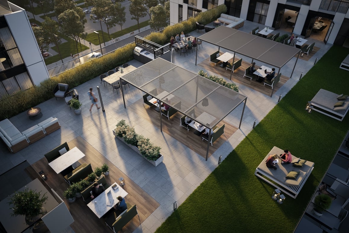 Rendering of Verge 2 condos aerial view of the 9th floor exterior terrace