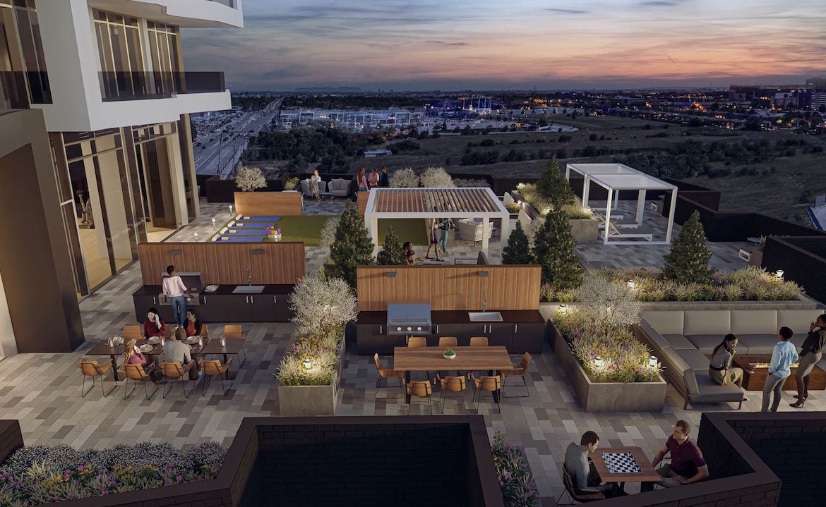 Rendering of DUO Condos terrace at night aerial view