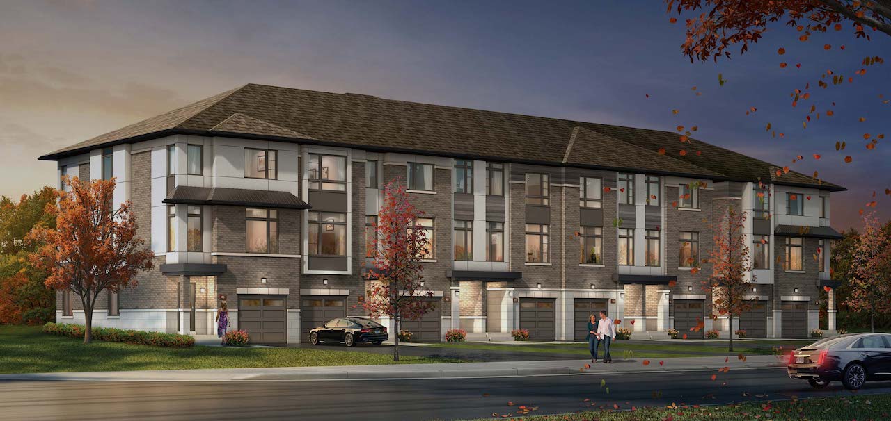 Rendering of Park District Towns exterior in the evening during Fall