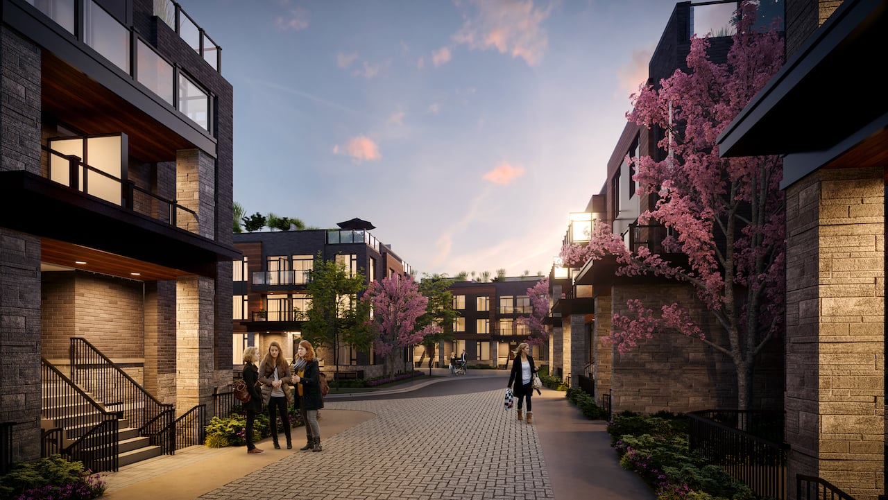 Rendering of The Markdale Towns courtyard at night with people