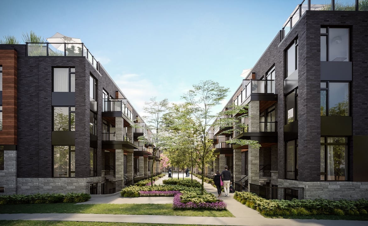 Rendering of The Markdale Towns courtyard during the day with people