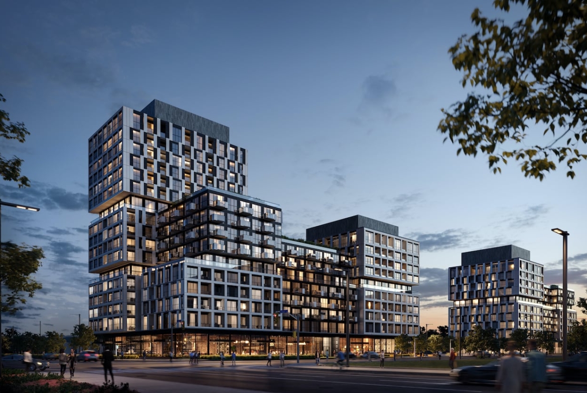 Rendering of Verge phase 1 and 2 Condos exterior at night
