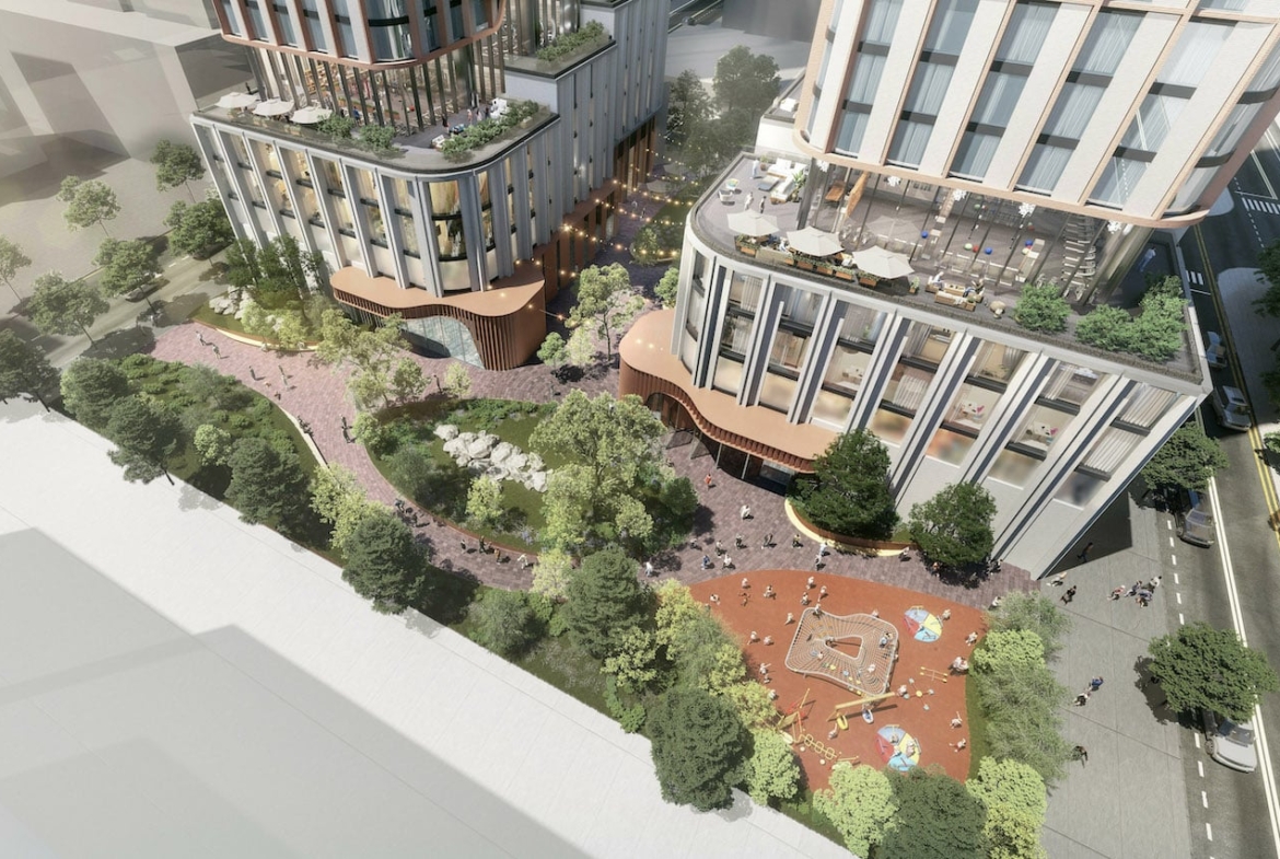 Rendering of 475 Yonge Street Condos exterior aerial of outdoor green space