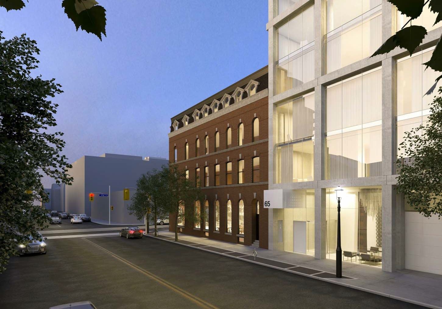 Rendering of 65 George Condos exterior streetscape and angled building view at night