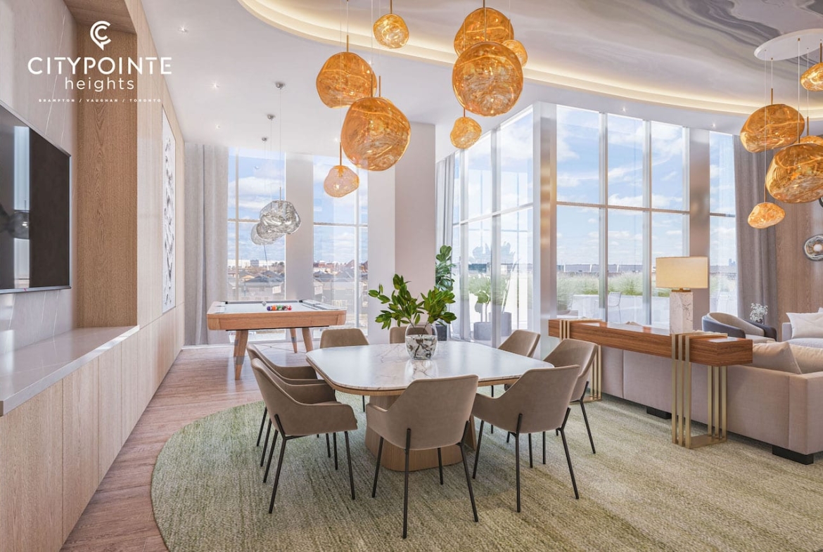 Rendering of CityPointe Heights interior lounge with games area