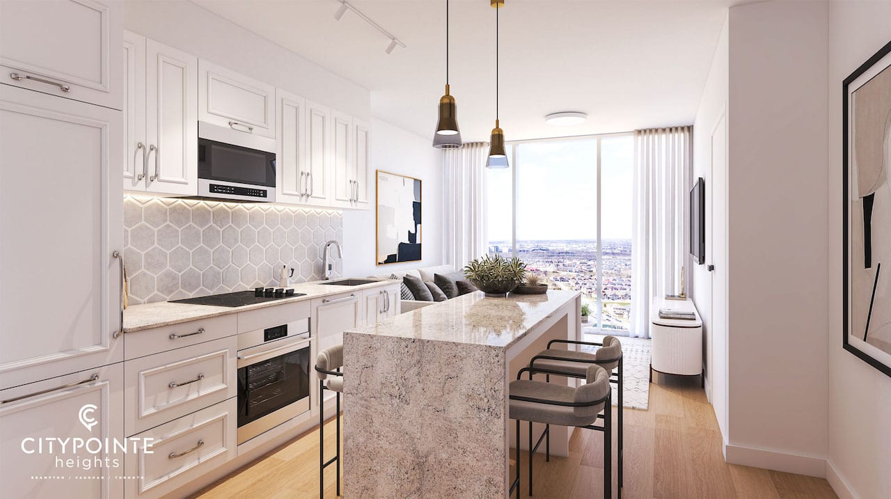 Rendering of CityPointe Heights interior suite kitchen
