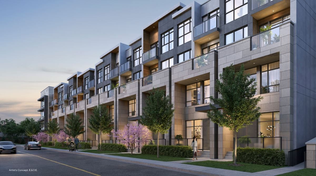 Rendering of The Deane Condos exterior side view in the evening